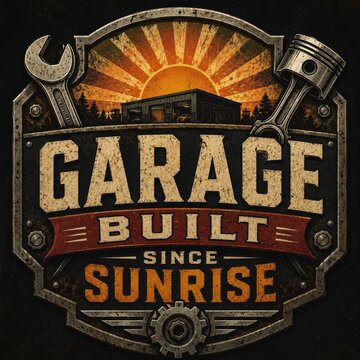 Vintage Garage Workshop Sign with Tools and Sunrise Industrial Retro Style