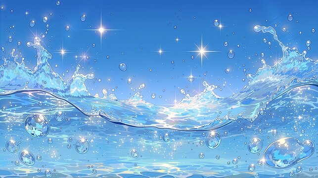 キラキラ輝く夏の波と水しぶきのアニメ風背景イラスト