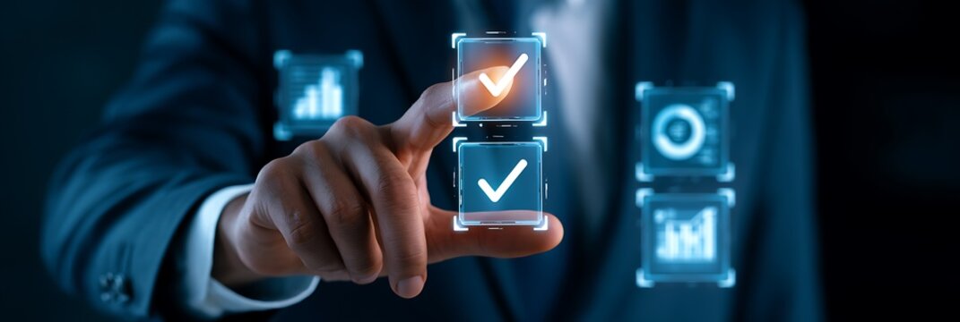 Businessman uses his index finger to select a glowing digital checkbox on a transparent holographic display screen, highlighting precise control and decision making in a high tech workplace setting.