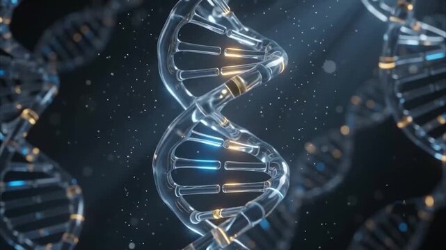 Abstract Glass DNA Double Helix Rotating with Blue and Gold Neon Lights

3D Render of Glowing DNA Structure Animation on Dark Bokeh Background

Futuristic Biotechnology Concept of Glossy DNA Strand wi
