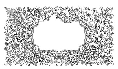 Obraz premium Decorative Floral Border Frame with Leaves Flowers and Botanical Vintage Line Art Illustration
