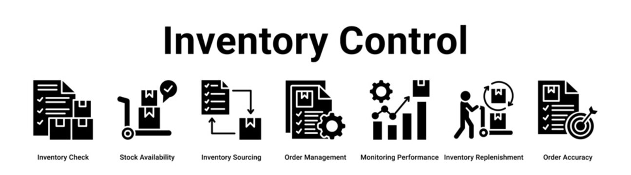 Inventory Control web banner icon vector illustration concept for business with icon of Inventory Check, Stock Availability, Inventory Sourcing, Order Management, Monitoring Performance, Inventory.