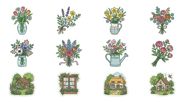 Colorful Hand Drawn Flower Bouquets and Garden Scenes.