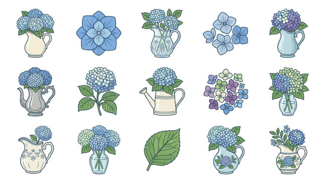 Colorful Hydrangea Flower Illustrations in Pitchers and Vases.