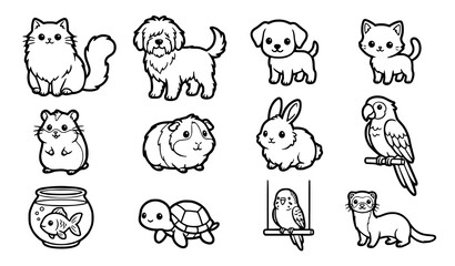 Obraz premium Cute Pet Animal Collection Featuring Cat Dog Rabbit Hamster Turtle Bird and Fish Vector