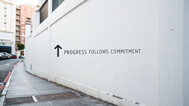 Inspirational message on a wall in an urban setting encouraging dedication and growth in personal and professional journeys