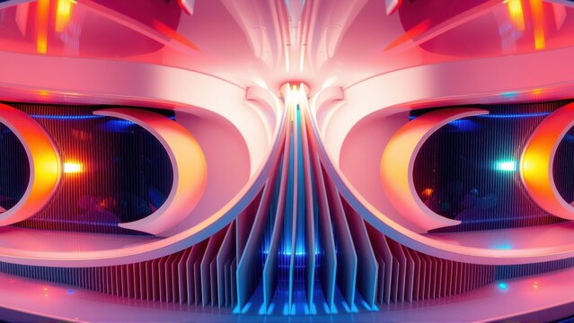 Futuristic vehicle front view. Dramatic lighting highlights curves, grills, headlights. Pink, blue, orange hues dominate dark background. Modern design.
