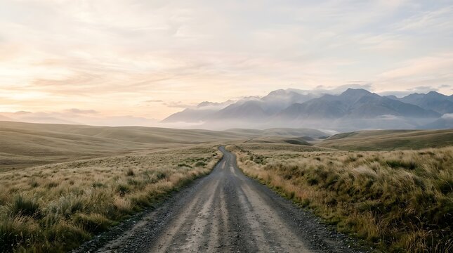 Empty gravel road winding through rolling grasslands at sunset with mountains