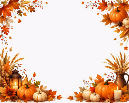 Thanksgiving Decoration Border with Pumpkins Wheat and Autumn Leaves on White Background
