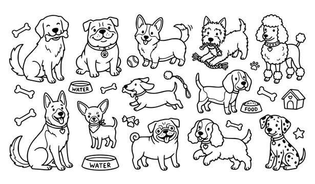 Cute Puppy Dog Collection with Bones Bowls Toys Hand Drawn Cartoon Vector Illustration