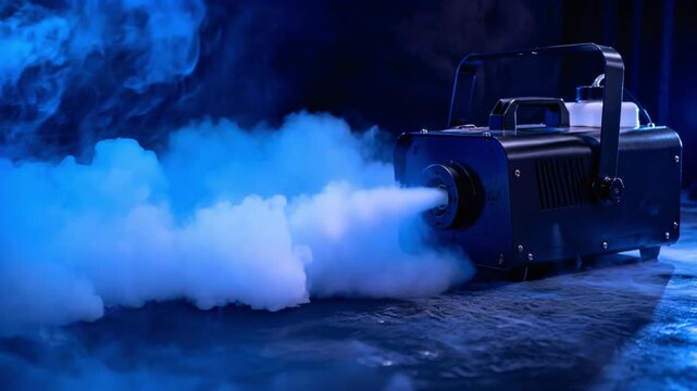 Smoke machine releasing blue fog in dark stage environment  