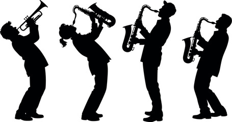 Vector silhouette illustration of four talented jazz musicians energetically playing saxophones and one trumpet isolated on a plain white background. © BIPUL