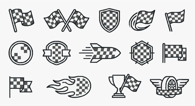 Industrial Checkered Flag and Racing Emblem Icons Set in Monochrome Style with high quality professional line art symbols for modern creative design and digital branding projects