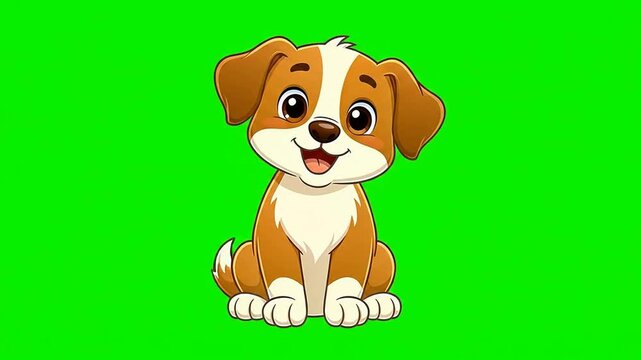 Cute animated puppy sitting on vibrant green background