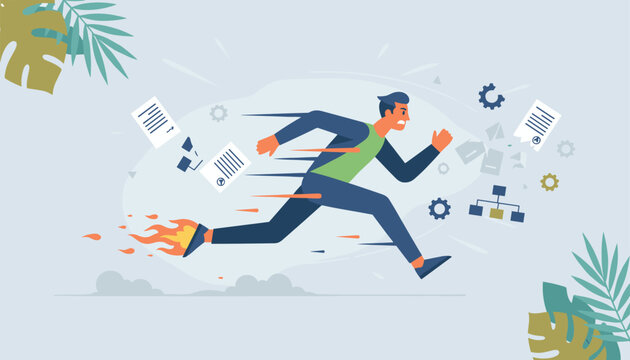 Energetic businessman running at high speed with his shoes on fire representing fast delivery and a busy workflow with flying papers.