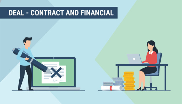 Businessman signing a digital contract on a laptop while a businesswoman manages finances and investments on the other side.