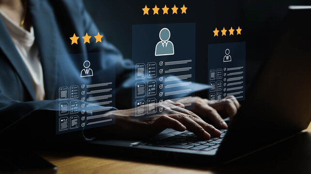 HR manager evaluating employee performance through a digital rating interface with customer reviews, talent assessment, recruitment analysis, performance management, and workforce evaluation.