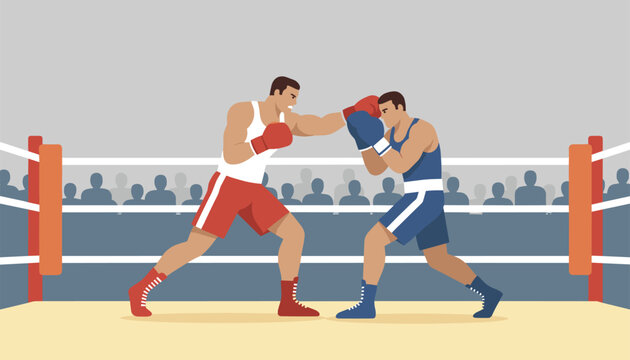 Two professional boxers fighting fiercely inside a classic boxing ring in front of a shaded spectator crowd.