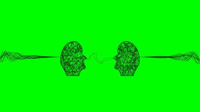Two heads connected by abstract digital wave lines