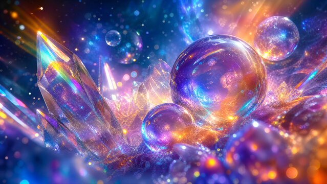 Abstract magical cosmic background with iridescent quartz crystals glowing bubbles and nebula starlight