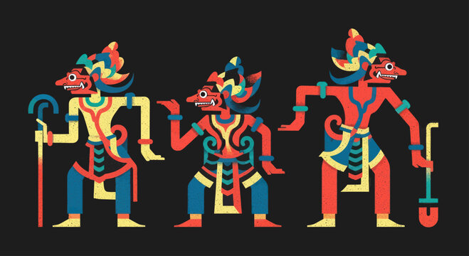 Three colorful traditional Indonesian Wayang Kulit shadow puppets.