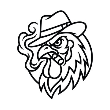 Tough mafia rooster mascot logo wearing fedora smoking cigar with gangster illustration aggressive