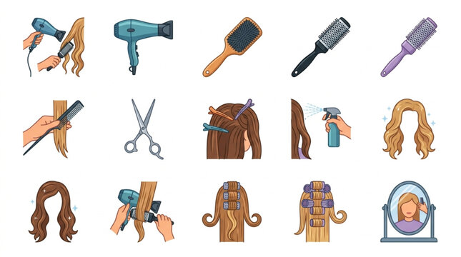 Colorful pixel art icons of hair and beauty tools.