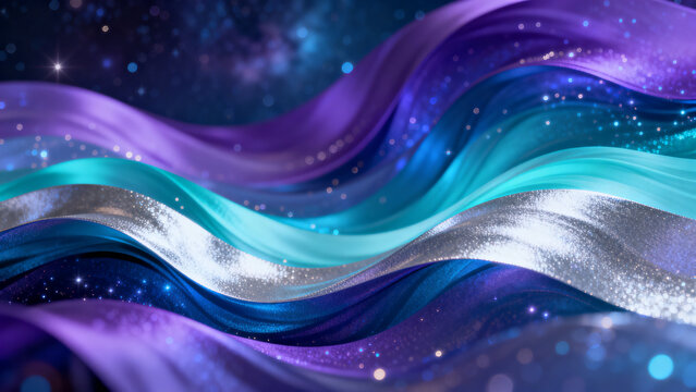 Sparkling Abstract Galaxy Ribbon Waves with Glitter and Dreamy Bokeh Lights