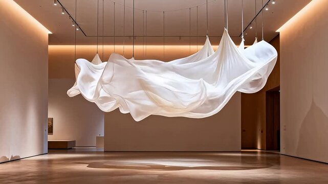 Suspended white fabric sculpture in gallery
