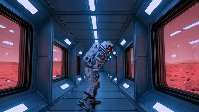 suited astronaut inspects planet through narrow corridor windows, interior lights cast cool contrast against warm martian vista, careful posture suggests inspection