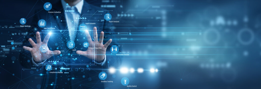 Financial controller deeply analyzing reports. Using Hands to track critical Audit procedures on an interactive Virtual Screen. Verifying corporate transaction records for compliance.
