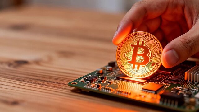 Hand holding bitcoin over circuit board