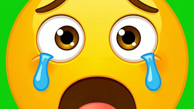 Digital Crying Emoji with Tears on Bright Green Background