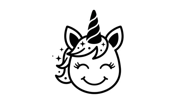 Cute smiling unicorn face line art vector icon isolated on white background