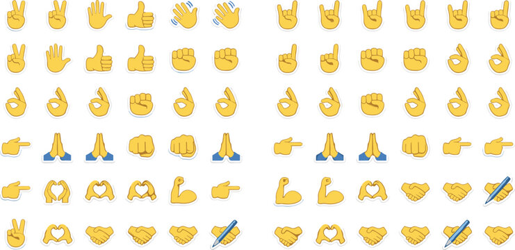 Vector illustration set of yellow hand emoji stickers showing various gestures like thumbs up peace sign heart handshake and fist bump isolated