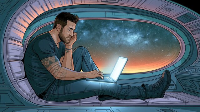 Tattooed man using laptop in spaceship.