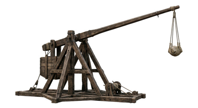 Ancient wooden trebuchet siege weapon poised to launch a projectile, captured in a studio shot with a clean white background.