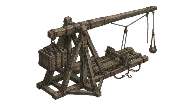 Ancient wooden trebuchet siege weapon with counterweight and sling, depicted in a detailed illustration with a rustic, earthy tone.