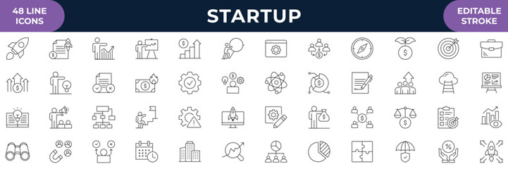 Fototapeta premium Startup web icons in line style. Business, Creative, idea, marketing, target, development, and more. Outline Icon Collection. Editable stroke. Vector illustration. 
