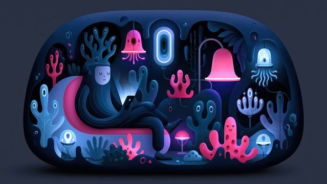 Person using phone in glowing coral cave.