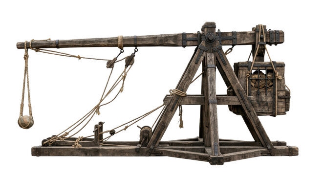 Ancient wooden trebuchet siege weapon with stone projectile ready to launch against a white background, historical warfare concept.