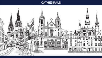 Fototapeta premium European cathedrals black and white coloring pages collection. Europe cityscape, skyline with churches, buildings, landmarks outlines for colouring book. Vector sketch arts
