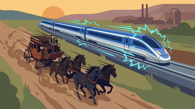 Historical stagecoach racing alongside a futuristic maglev train