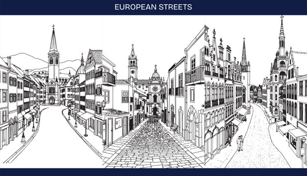 European streets black and white coloring pages collection. Europe townscape, skyline with cathedrals, towers, buildings, landmarks outlines for colouring book. Vector sketch arts