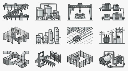 Obraz premium Clean Black and White Isometric Illustrations of Various Industrial and Manufacturing Equipment and Facilities