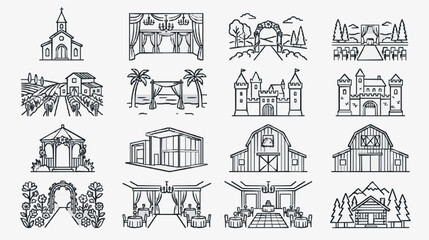 Obraz premium Clean Black and White Line Art Illustrations of Wedding Venues and Themed Locations for Event Planning