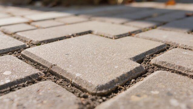 Close-up of interlocking concrete pavers installed in an outdoor area, highlighting professional paving techniques, landscape construction, and durable hardscaping materials