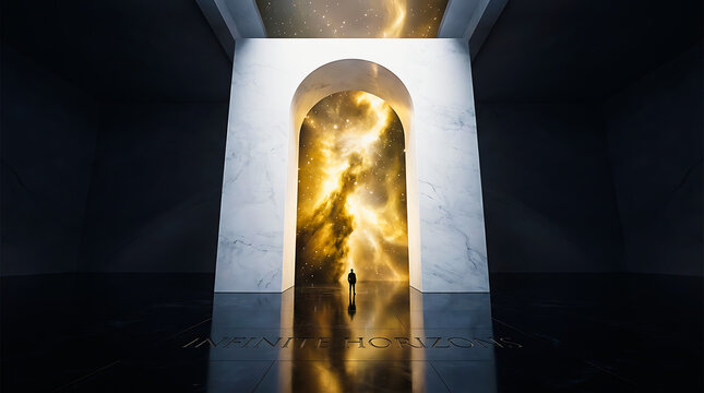 Lone figure entering glowing cosmic portal through marble archway with reflection concept