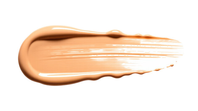 A single horizontal smear of light beige liquid foundation makeup on a plain white background, showing smooth texture and creamy consistency, macro