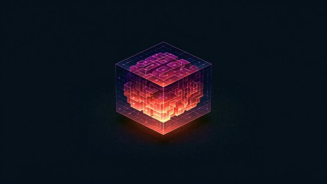 Isometric glowing pink and purple digital brain inside wireframe cube.